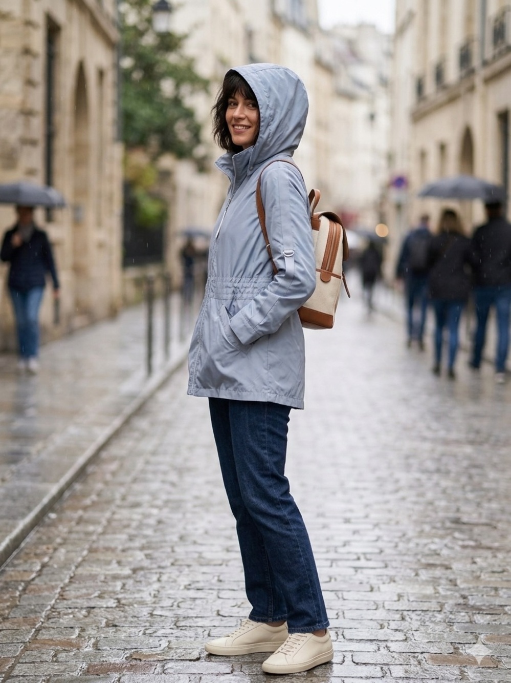 Via Spiga Cinch Waist Packable Rain Jacket Mineral Blue Large NWT